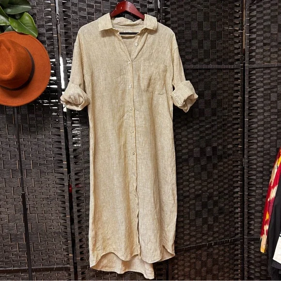 Faherty linen striped duster style midi T-shirt dress size medium khaki white - Picture 4 of 8